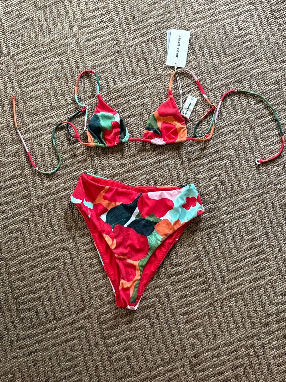 Zulu & Zephyr Red Floral High Waist Bikini Bottom with Tie Top